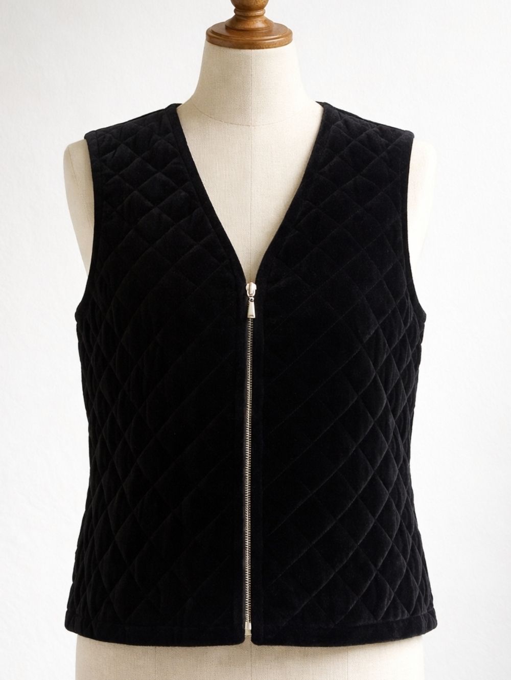 Vintage Talbots Black Cotton Velvet Quilted Vest Zip Front Waistcoat Medium